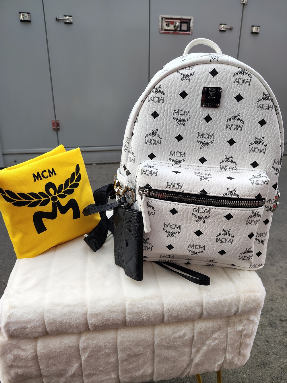 MCM White & Black Logo Mini Backpack with Yellow Dust Bag Accent